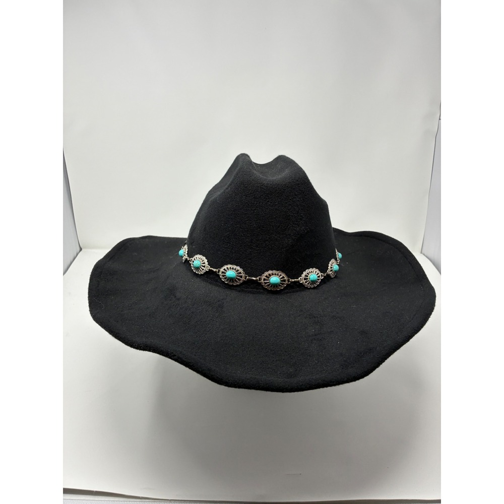 FRYE Women's Black Wide Brim Western Cowboy Hat Turquoise Concho Band NWT O/S